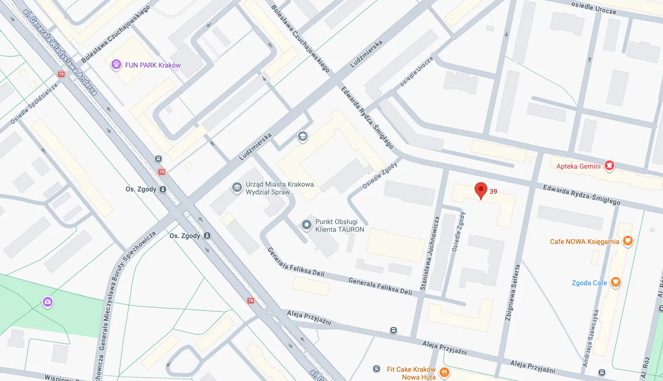 Mapa dojazdu do gabinetu - ul. Zgody 39, Kraków Nowa Huta